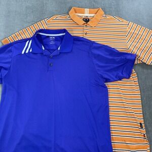 Lot 2 Adidas Mens Large Orange Purple ClimaLite & Blue ClimaCool Golf Polo Shirt